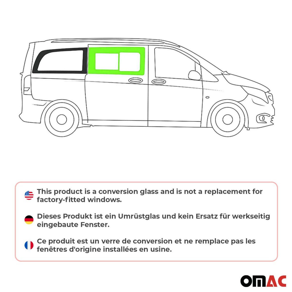 Mercedes Metris Front Side Sliding Window Glass - Right - Omac - Galaxy - 2016 - 2024